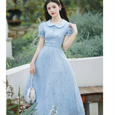 Lizakosht French Vintage Embroidery Dresses for Women's High Quality Short Sleeve Vestidos Blue Summer Peter pan Collar Sweet Dress